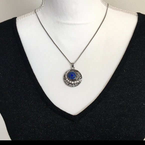 Silver Tone Blue Rhinestone Medallion Necklace - Picture 1 of 7